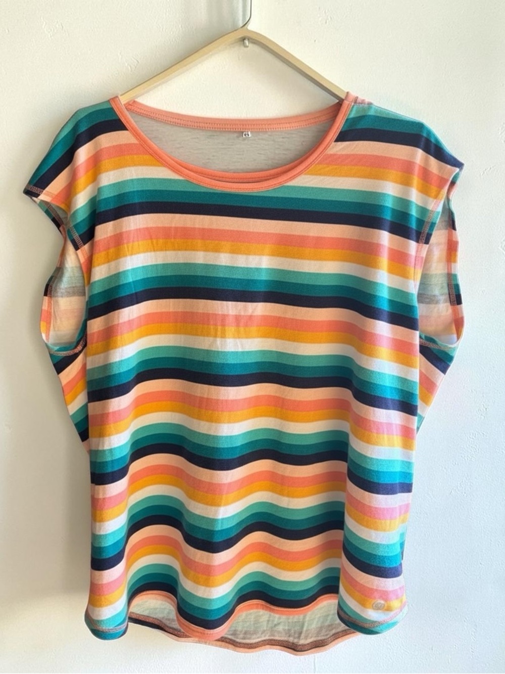 Talbots Criss Cross Back Top.  Striped Scoop Neck Top in Teal Navy Coral Yellow